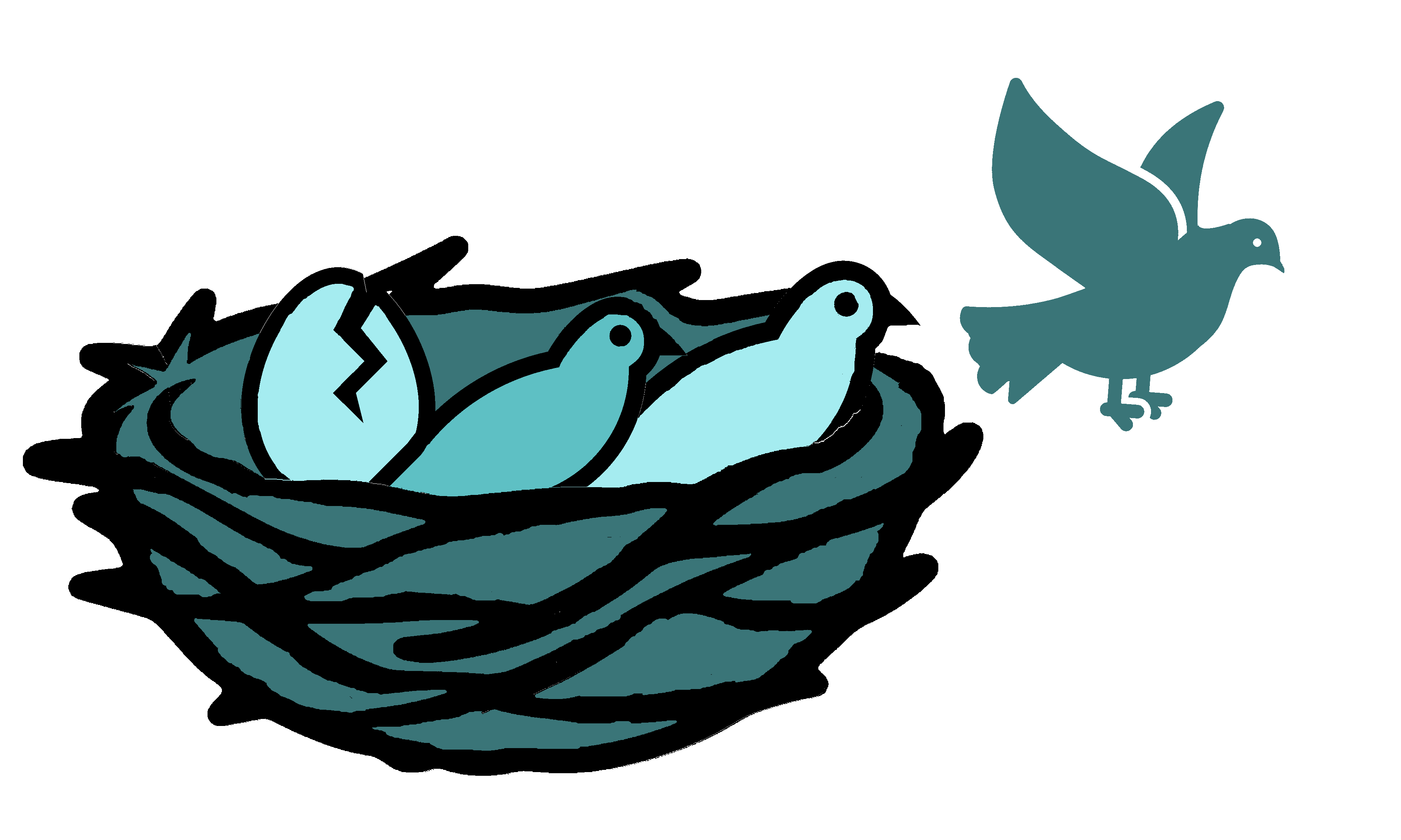 Finch nest with egg, two babies, and an adolescent